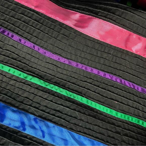 TACHI CASTILLO Jacket Multicolor Ribbon Stripes Open Front Size Medium VINTAGE - Picture 12 of 14